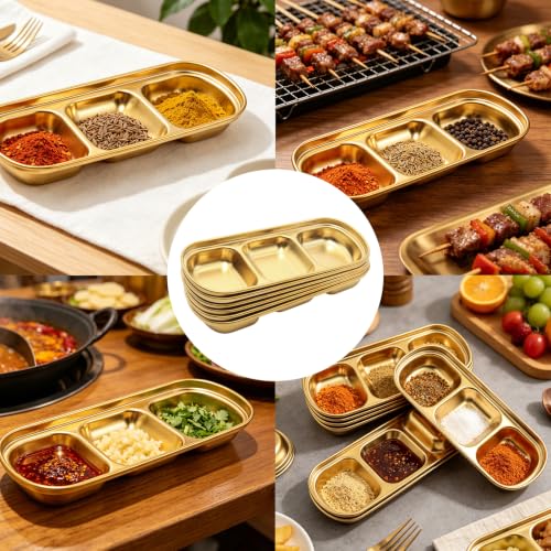 6Pcs 8 Inch Divided Dip Bowls (Gold, Triple Dipping Bowl) - color: Gold