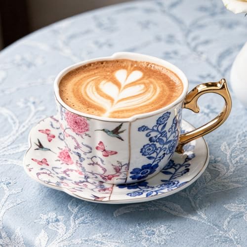 KAMMAK Tea Cups and Saucers Set of 2, 8 oz Porcelain Coffee Cups, YX018 - size: 8CZYX018