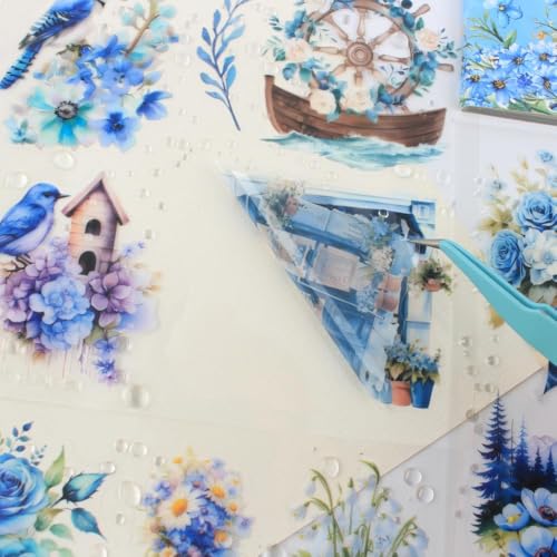 30 Sheets Precut Blue Flower Garden Landscape Stickers Book for Junk Journal Supplies, Transparent PET Stickers for Journaling, Scrapbooking, Bujo, Collage, Card Making - color: The Blue Breezy
