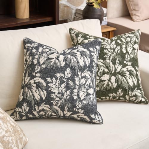 Alerfa Dark Green Neutral Floral Pillow Cover 20 x 20 Inch, Vintage Square Couch Fall Throw Pillow Cover Soft Decorative Farmhouse Accent Pillowcase for Living Room Bedroom - color: Dark Green, size: 20" x 20" (Pack of 1)