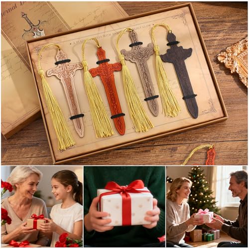 4 Pieces Sword Bookmarks with Tassel, Vintage Bookmarks for Reading, Personalized Wooden Bookmark, Unique Pattern Bookmark Engraved, Birthday Gift for Men, Women, Girls, Boys - color: Wooden Bookmark Gift Box