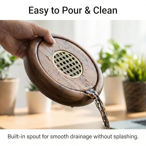 Walnut Wood Tea Tray with Brass Grid Lid - Round Serving Tray for Gongfu Tea, Elegant Tea Service Board for Home & Office