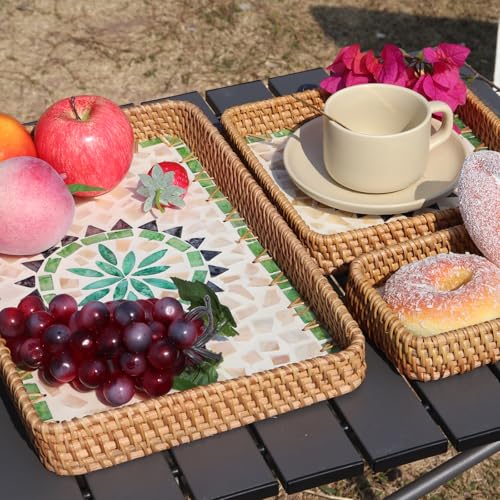 Rectangular Rattan Serving Tray with Mother of Pearl Inlay, Boho Home Decor Wicker Woven Basket for Bread Fruit Coffee Table Kitchen Set of 3 Sizes (Bohemian) - color: Bohemian