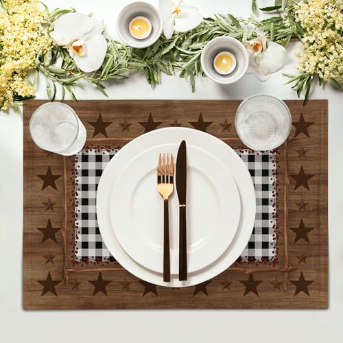 Western Texas Star Placemats for Dining Table Set of 4，Buffalo Plaid Country Wooden Plank Table Mats 18 x12 Inch Non-Slip Dining Table Place Mats for Party Kitchen Indoor Decor - color: Brown Western Texas Star