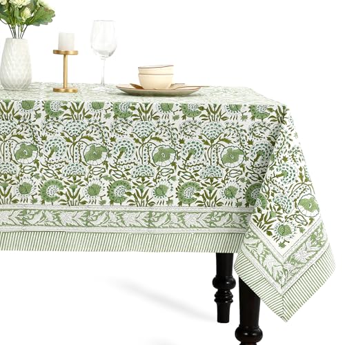 CPC Tablecloth 100% Cotton 72x140 Inch Indian Block Print Rectangle Table Cover, Green Table Cloth for Weddings, Spring/Summer, Barbeque - Agate Green - color: Agate Green, size: 140" x 72" (Rectangular)