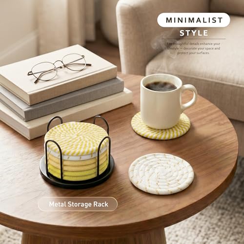 Lazebox Coasters Set of 8 for Drinks, 4 Inch Large Coasters for Coffee Table, Tabletop Protection for Hot & Cold Drinks, Versatile Coasters for Home Decor, Non-Slip & Easy to Clean - color: Yellow