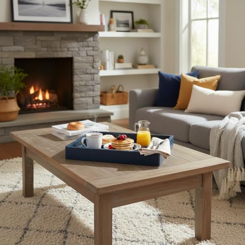 DD DEFINED DECO Coffee Table Tray, Blue Wood Serving Tray with Handles for Food & Drinks, Coffee Table, Ottoman, Breakfast in Bed, Deep Blue(15.75''*10'')