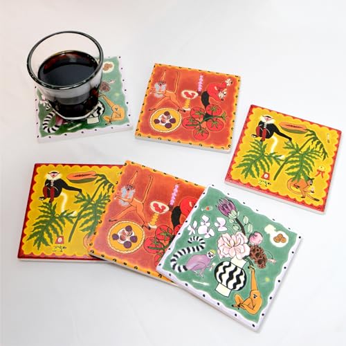 SAMCAM Bar Coasters Set of 6, 4inch Absorbent Drink Coasters with Ceramic Surface and Cork Base, Monkey Theme Art Coaster Set for Bar Cafe Kitchen Decor, Gift for Men, Art Lovers and Housewarming