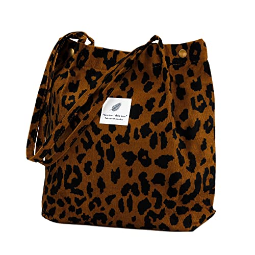 Corduroy Tote Bag Cute Tote Bags for Women Shoulder Bag with Inner Pocket for Work Beach Travel and Shopping Grocery - style: Leopard