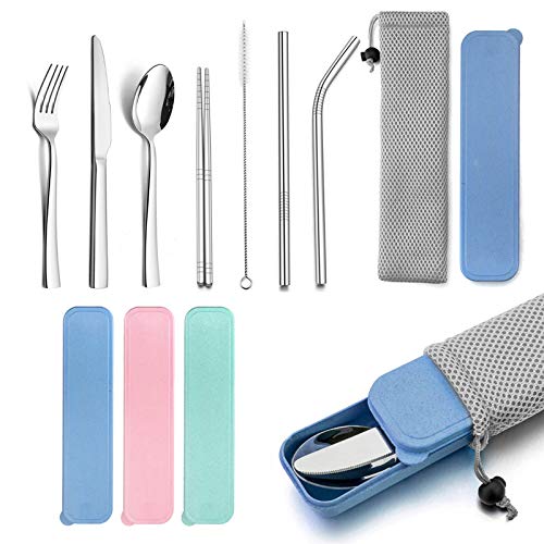 HaWare Portable Travel Utensils with Case, Stainless Steel Silverware Set for Camping Office School Lunch, Including Knife Fork Spoon Chopsticks, Reusable and Dishwasher Safe(Blue) - color: Blue Case