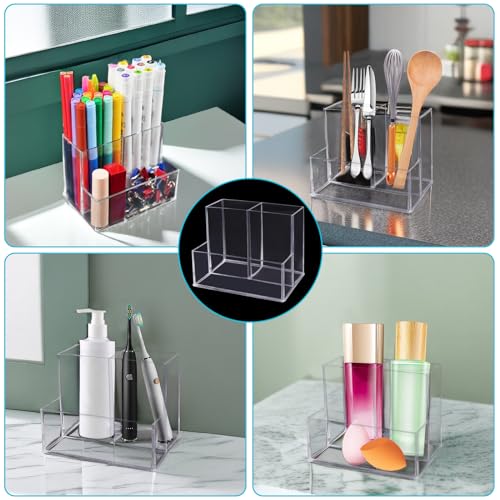 HSYMQ Desktop Clear Pen Holder with 3 Compartments, Acrylic Pencil Holders, Desk Organizers and Accessories