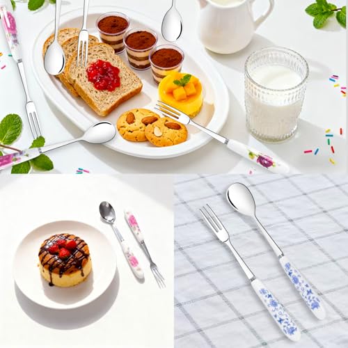 28 Pcs Dessert Forks and Spoons Silverware Set with Ceramic Handle