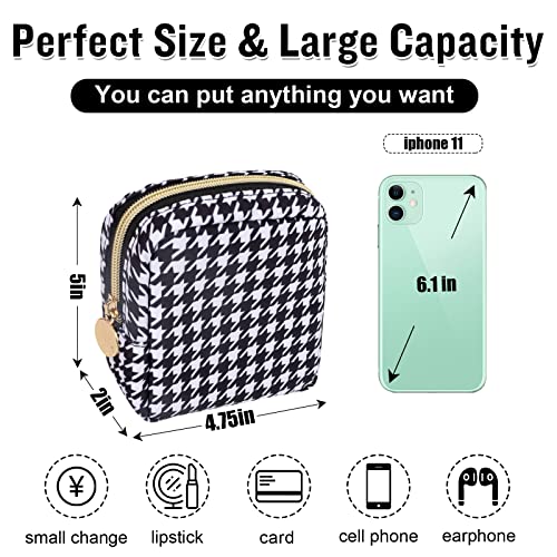 Nylon Mini Makeup Bag for Purse, Small Cute Makeup Bag Preppy Cosmetic Zipper Pouch Purse, Waterproof Travel Coin Pouch Sanitary Napkin Storage Bag Makeup Organizer for Women Girls(Black Houndstooth) - color: Black Houndstooth, size: Mini