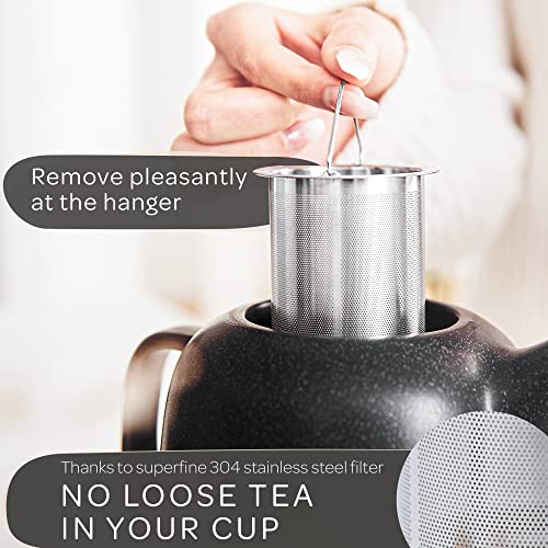 Steinzeit Design Tea Pot (44 oz) - Premium Ceramic Teapot with Infuser for Loose Tea - Black Teapot Ceramic with Removable Strainer - size: 44 oz without warmer
