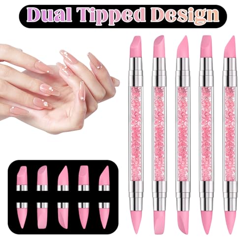 5 Pcs Nail Sculpting Tool, Dual Tipped Silicone Brush for Nails Silicone Nail Tools Nails Art Pen for Foil Carving Drawing Effects