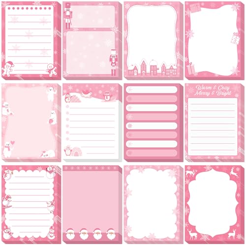 Chiisong 12 Pcs Christmas Sticky Notes Pink Christmas Notepad Santa Snowflake Snowman Self Adhesive Memo Pads Xmas Gift Cute Decorative Notepad Winter Party Favor for Office Winter Holiday Gift - style: Pink Christmas