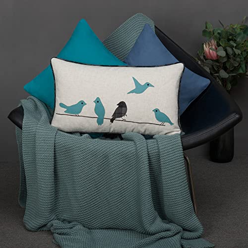 JWH Bird Throw Pillow Cover 14x24 Beige Turquoise Blue Grey - color: Teal Blue & Gray Plaid With Birds