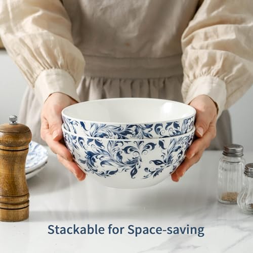 Blue Serving Bowls Set of 2, 42 oz Large Soup Bowl, Ceramic Pho Bowls for Cereal Salad Ramen Pasta Fruit, Blue and White bowls for Entertaining, Microwave Dishwasher Safe, Vintage - color: white 3