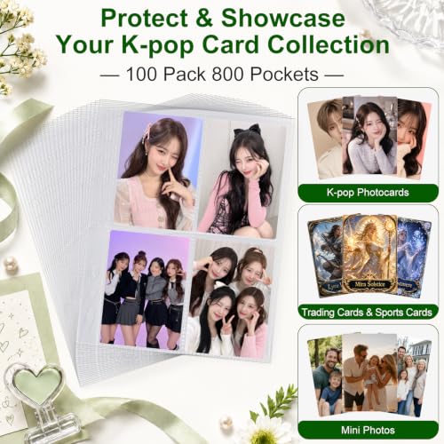 100 Pack 800 Pockets 6 Ring A5 Binder Sleeves,2.5x3.5 Inch Trading Card Sleeves,Double-Sided 4 Pocket Page Protector,Ultra-Clear Kpop Photocard Sheets,Card Sleeve Pages for Game Cards,Photocard