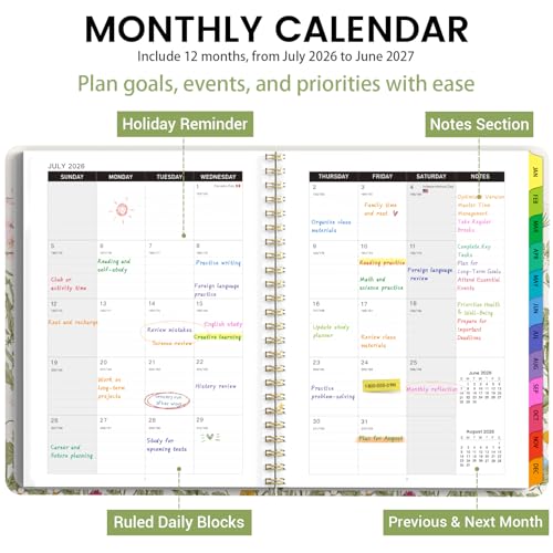 Academic Planner 2026–2027, Weekly & Monthly Calendar Planner, July 2026 – July 2027, Hardcover A5 (6.3" x 8.5") Agenda with Tabs, School Planner for Students & Teachers, Garden Flowers - color: Garden Flowers, size: A5