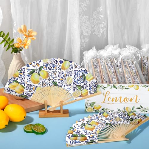 Aodaer 50 Pack Coastal Lemon Printed Folding Hand Fans with Organza Bags Bulk Wooden Storage Box Retro Mediterranean Paper Fans Capri Handheld Fan for Bridal Shower Wedding Bridesmaid Gifts - style: Coastal Lemon