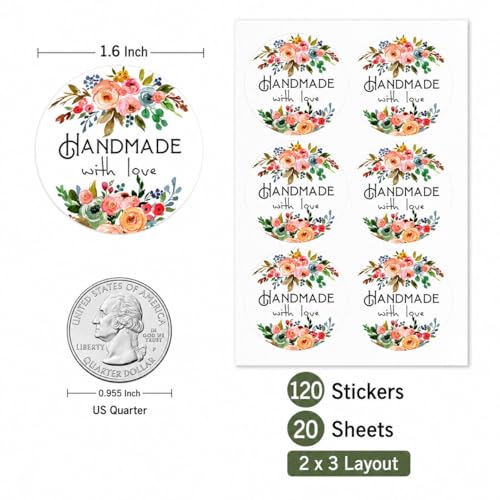 Handmade Floral Stickers Labels: Strong Adhesive 120 Pcs 1.6" Round