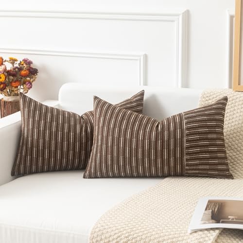 Kevin Textile Brown and Beige Patchwork Farmhouse Throw Pillow Covers 12 x 20 Inch, Pack of 2 Striped Linen Decorative Pillow Case for Sofa Couch Chair Bedroom Modern Decor - color: Brown, size: 20" x 12" (Pack of 2)