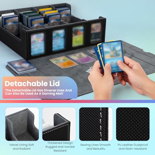 Trading Card Storage Box with Commander Display, 4-Row Deck Case with Removable Lid & Handle, 3000+ Card Organizer with 24 Colorful Dividers & 4 Stoppers for MTG, Black & Grey - color: Black & Grey, size: 3000+, with Handle