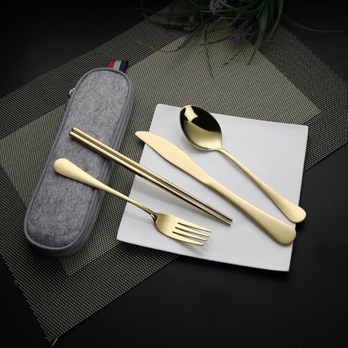 DEVICO Travel Utensils with Case, 5 Piece Portable Silverware Set for Work - color: Gold