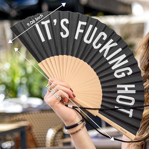 Fisura – Original folding fan with message “F*cking hot”. Black wooden handheld fan for women. Lightweight accessory for raves, weddings, birthdays, festivals, parties and fun gift ideas. - color: Hot, Black
