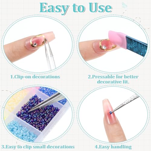 2PCS Crystal Blue Nail Tweezer: Double Ended Sticker Tweezers with Silicone for Craft, Precision Rhinestone Picker Tool for Jewelry Eyelash Nail Art,Curved Tip Tweezers Kit - color: Crystal Blue