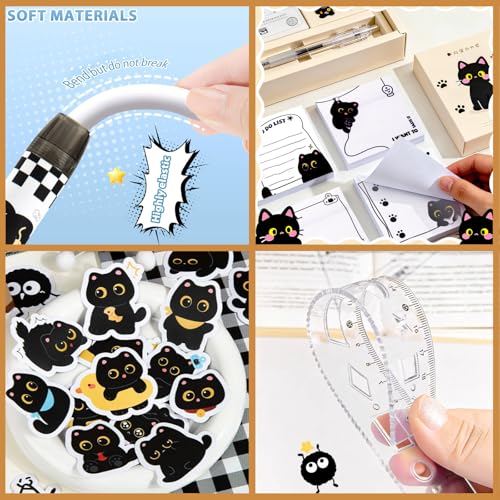 Black Cute Cat Stationery Set,School Supplies with Sticky Notes,Pencils