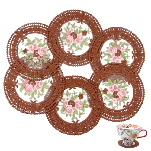 FITNXT 4.5'' 8pk Vintage Lace Coffee Coasters, Round Embroidery Cloth Coasters for Drinks, Small Crochet doilies for Crafts, Cups, Table Decoration (Coffee) - color: Coffee