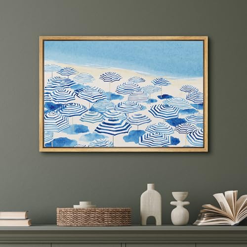 SIGNFORD Framed Canvas Print Wall Art Coastal Blue Umbrella Beach Scene Watercolor Seaside Summer Illustrations Modern Art Decorative Boho Relax/Zen for Living Room, Bedroom, Office - 16x24 Natural - color: B08-2508-M19, size: 24"L x 16"W