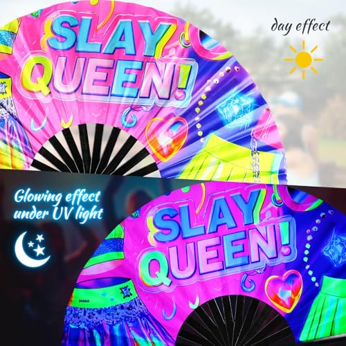 SYNTECSO Folding Hand Fan for Rave, UV Glow Clack Fan - color: Slay Queen