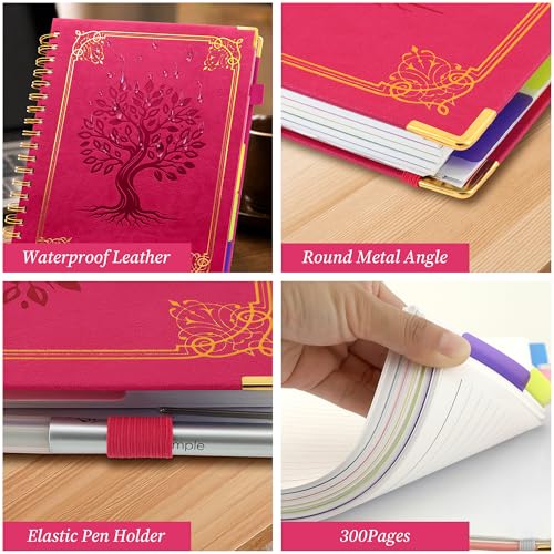 Hardcover Spiral Notebook Journal with Removable Dividers Tabs, 5 Subject Notebooks for Work School, 300 pages 8"x10" B5 leather Journal College Ruled, Cute Journal for women, Rose - color: Rose