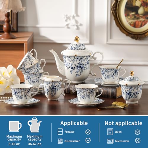 TATSUMI Country Roses Porcelain Tea Set, European Ceramic tea set for adults,Vintage Style, For Women and Tea Parties (BLUE, 21 Pieces Set) - color: Blue, size: 21 Pieces Set