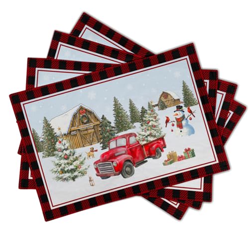 Giwawa Christmas Truck Placemats Set of 4 Winter Snowman Xmas Trees Place Mat with Black Red Buffalo Plaids 12"x18" Snow Farm Scene Non Slip Table Mats for Kitchen Dining Holiday Party Decor - color: Christmas Truck