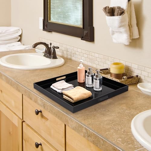 18×18 inches Oversized Black Acrylic Ottoman Tray Extra Large Decorative Tray Spill-Proof Serving Trays with Handles King-Size Safe Edge Organizer for Coffee Table Countertop Breakfast - color: Glossy Black, size: 18" x 18" x 2"