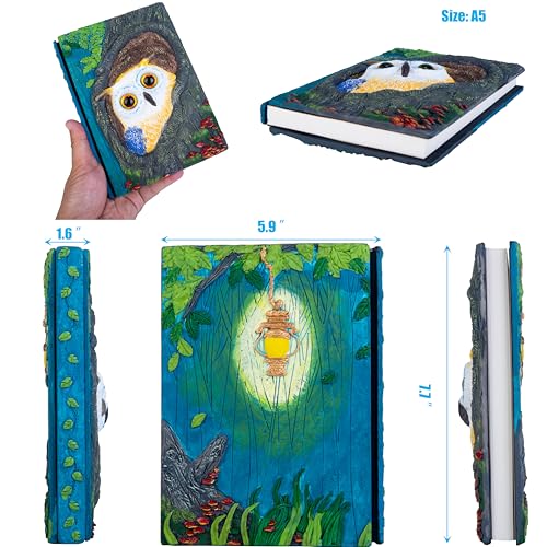 Handmade Cute Owl in Tree Hole 3D Journal,Resin Engraving Notebook,Hardcover Travel Diary for Writing,Sketchbook,Collection,Gift,Decoration Diary for Man And Woman A5 Size （white） (White) - color: White