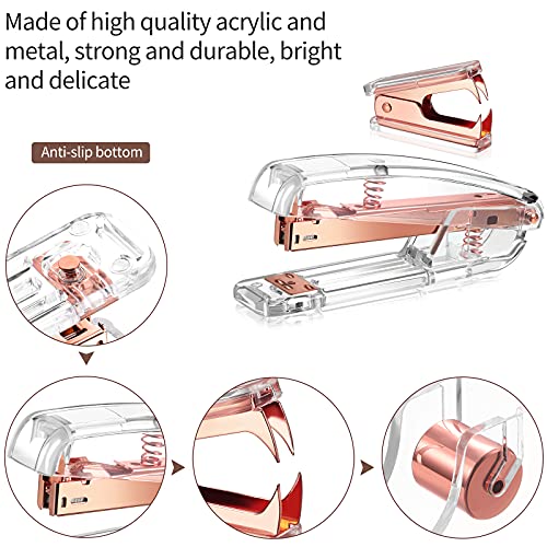 Office Supplies Set Desk Accessory Kit, Acrylic Stapler Set Staple Remover, Tape Dispenser, Binder Clips, Paper Clips, Ballpoint Pen and Scissor with 1000 Pieces 26/6 Staples (Rose Gold) - color: Rose Gold