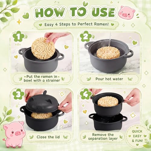 2 Sets 45oz Cute Pig Ramen Bowl Set Microwavable Cook, Black, Gray - color: Black,Gray