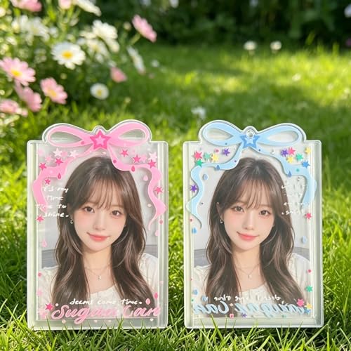 Photocard Holder Keychain with Bowknot and Star Patterns - 2 Pack Acrylic Photo Card Holders, Transparent ID Badge Case for Student Cards, Kpop 3 Inch PhotoCard Display, Bus Card Holders