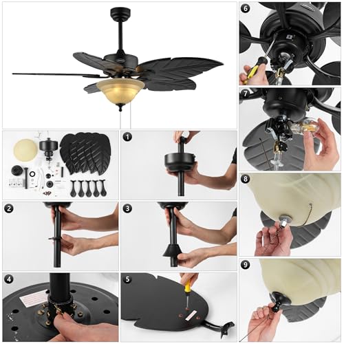 JONATHAN Y Poinciana 52" Coastal 3-Light Palm Leaf Ceiling Fan, Dark Brown - color: Dark Brown