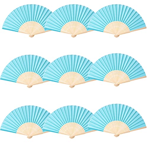 24pcs Imitated Silk Hand Fan Imitated Silk Fabric Bamboo Handheld Folded Fan Bridal Dancing Props Church Wedding Party Favors with Organza Bags (Aqua Blue) - color: Aqua Blue