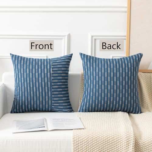 Kevin Textile Dark Blue and Beige Farmhouse Striped Patchwork Linen Decorative Throw Pillows Covers 18x18, Set of 2, Modern Accent Square Cushion Covers for Couch Chair Bedroom Fall Decorations - color: Dark Blue, size: 18" x 18" (Pack of 2)