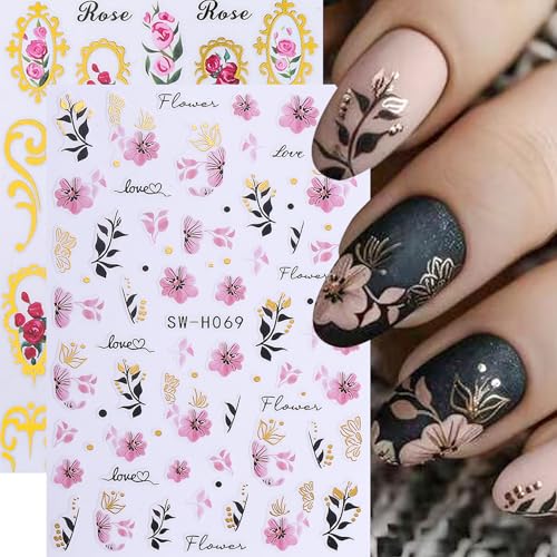 Flower Nail Stickers for Nail Art 12PCS 3D Self-Adhesive Nail Decals with Tweezers Floral Leaf Line Designs Manicure Decoration Spring DIY Charming Flowers Nails Supplies for Women - style: Flower Styles-02
