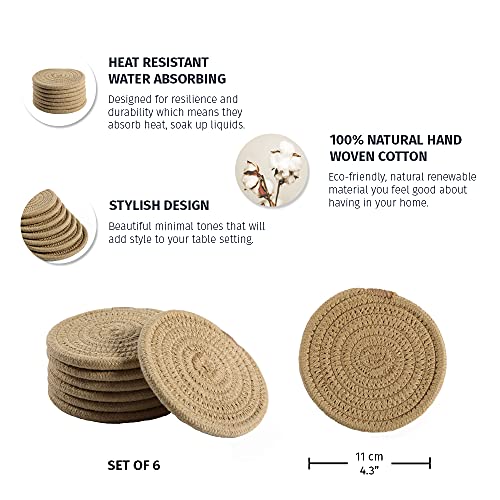 OrganiHaus Drink Coasters Set of 6, Absorbent Cotton Woven Cup Coasters, Rustic Farmhouse Boho Decor for Coffee Table and Drinks Protection, Cute Coaster for Drinks, Coaster for Office Desk - Honey - color: Honey