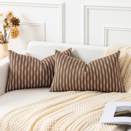 Kevin Textile Pack of 2 Farmhouse Decorative Throw Pillow Covers Boho Woven Texture Burlap Linen Cushion Cover Striped Pillowcase, Brown 12 x 20 inches 30 x 50 cm - color: A-brown, size: 20" x 12" (Pack of 2)