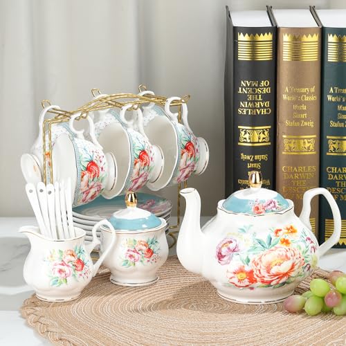fanquare 21 Piece Vintage Green Floral Porcelain Tea Set for Adults - color: Peacock Blue